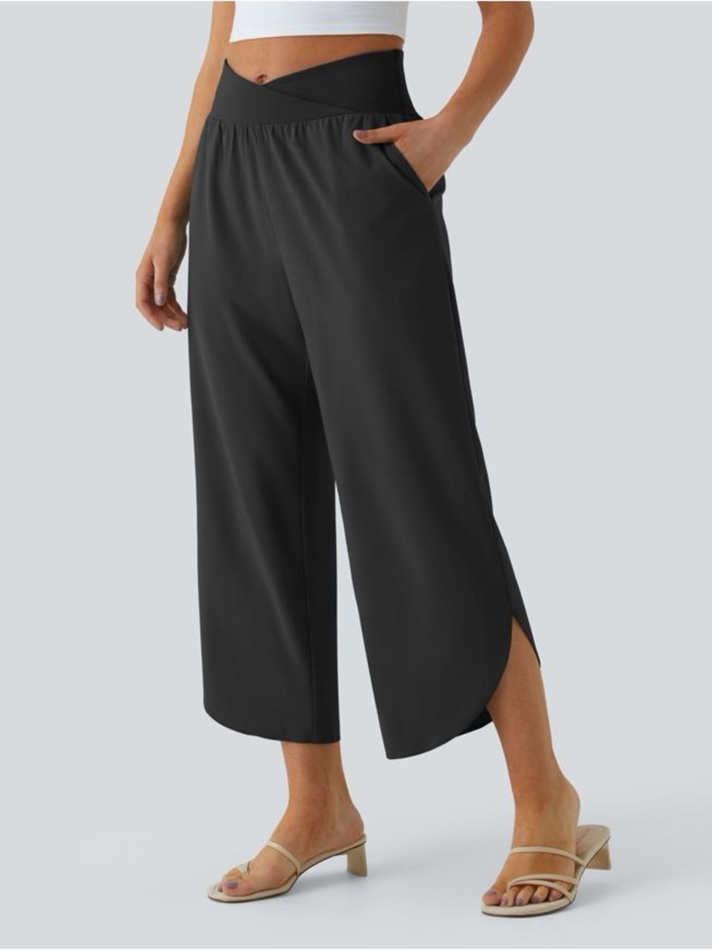 HALARA Black Wide-Leg Track Pants with Cross Waist